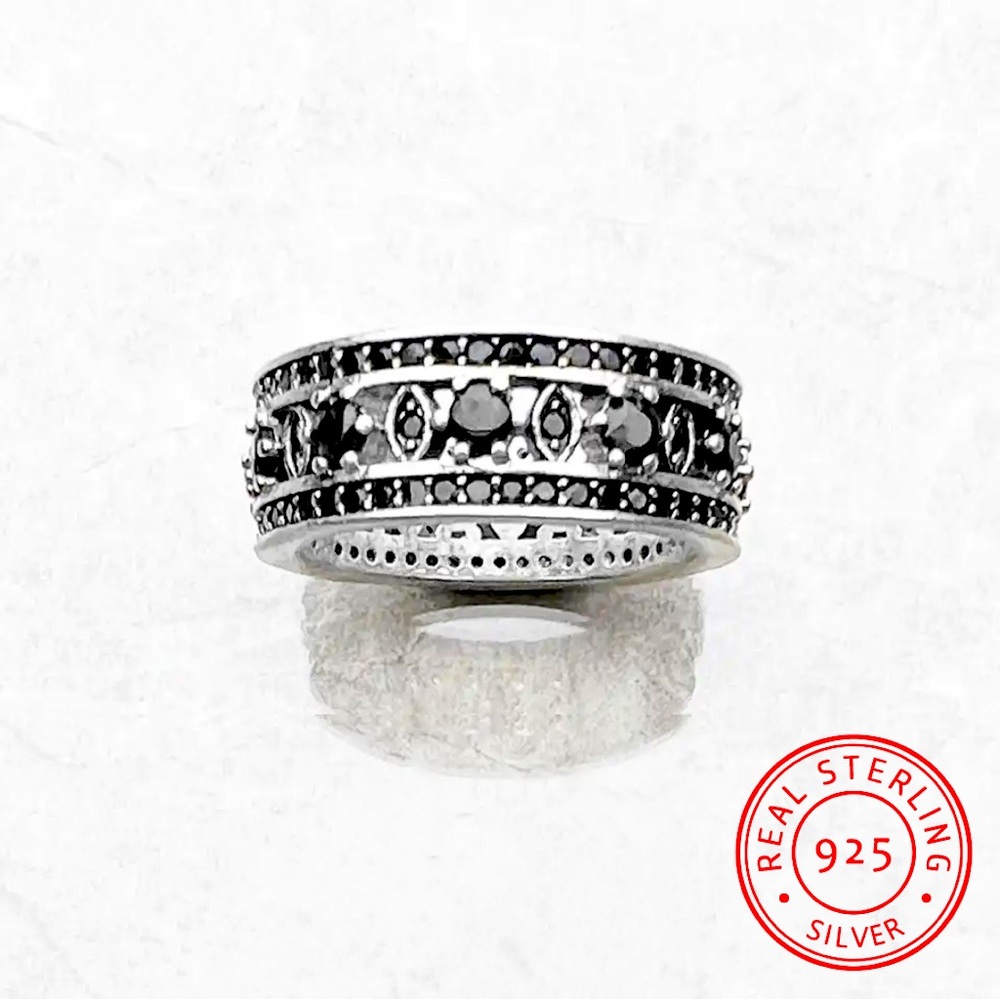 NWT 925 Sterling Silver Black Zircon Diamond Unisex Wide Ring